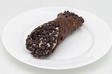 Large Chocolate Covered Cannoli on a White Plate