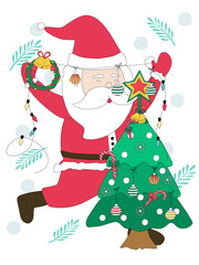 Merry Christmas with Santa Claus characters in various gestures Designed in doodle style for Christmas themes, decorations, cards, patterns, pillow patterns, t-shirts, stickers, digital print and more