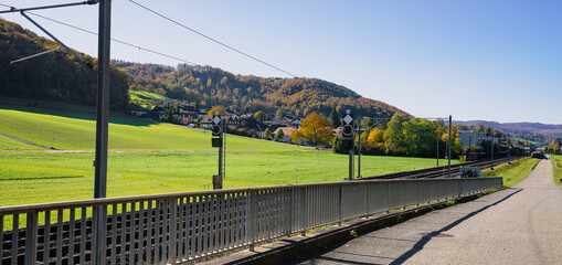 Sunny day in Liestal, Sissach, itingen, Baselland, basel in Switzerland with Swiss Culture and amazing nature and history - obrazy, fototapety, plakaty
