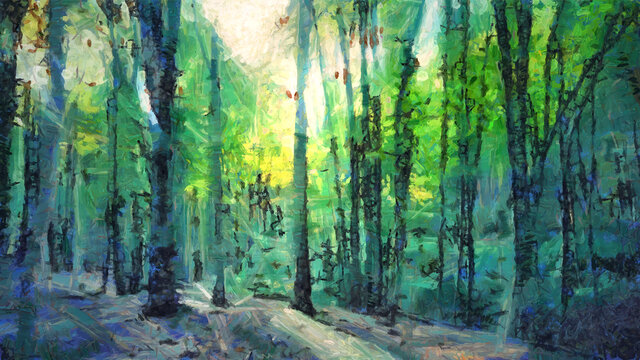 Modern digital painting of green forest. Contemporary art © WhataWin