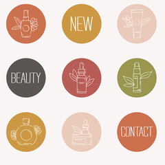 A set of instagram highlights for the beauty industry, cosmetics for personal care.