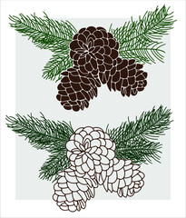 Vector image of a Christmas tree cone with branches. Line and fill on a gray background.