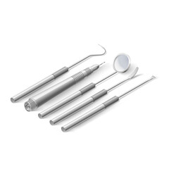 Basic Dentist Instruments and Tools. An Isometric Set of Metal Medical Equipment for Teeth Dental Care. Dental Hygiene and Healthcare Concept on White