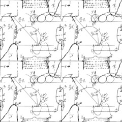 Fototapeta premium Math and Geometry seamless pattern with handwriting and drawing of various graph solutions. Geometry and mathematics subjects graphics. College lectures. Vector.
