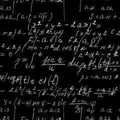 Seamless math black board with handwritten mathematical and physics formulas and proves. Vector