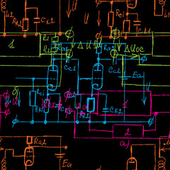 Scientific seamless color background with handwritten mathematical and physical formulas, electronic components, schematic diagram and circuit of  the devices. Electrician pattern in colour. Vector.