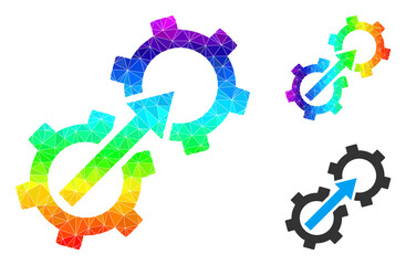 lowpoly gear integration icon with spectrum colorful. Spectrum colored polygonal gear integration vector is combined of scattered colorful triangles.