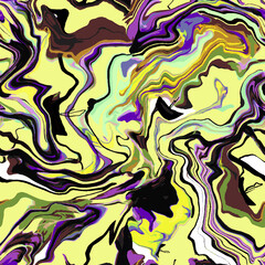 Marble texture seamless pattern. Yellow, purple, black, green abstract background. Seamless liquid fluid. Ebru style effect. Aqua ink print .Vector