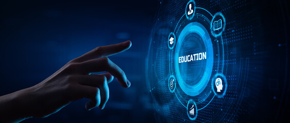 Education distance e-learning edtech. Hand pressing button on screen.