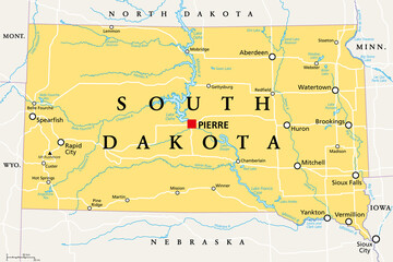 South Dakota, SD, political map, with capital Pierre, and largest city Sioux Falls. State in the upper Midwestern subregion of the United States of America, nicknamed The Mount Rushmore State. Vector.