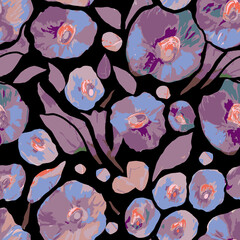 Colorful pink, purple seamless vector pattern with abstract flowers and plants. Colored hand drawn decorative poppies on black background. Floral vector texture, print.