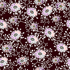 Seamless abstract pattern of exotic flowers and leaves. Drawn a white line with a white dot pattern on dark background. Contemporary style fashion, fabrics and all prints. Vector