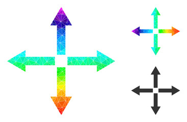 lowpoly expand arrows icon with rainbow colorful. Rainbow colorful polygonal expand arrows vector is designed with random colorful triangles.