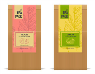 Craft Paper Bag with Flavoured Tea Labels Set. Vector Packaging Design Layout. Hand Drawn Peach amd Lemon Silhouettes Background.
