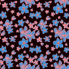 Abstract flowers vector seamless pattern with drawing pink an blue. Floral watercolor background and line art hand drawn illustration. Exotic flowering autumn texture