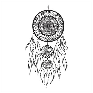 Ethnic Boho dream catcher with feathers. American Indian symbol in sketch style. Vector illustration isolated on white background. Hand drawn.