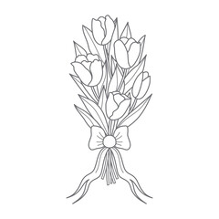 Fototapeta na wymiar Tulips bouquet with bow line-art
