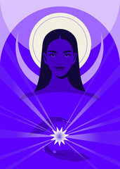 Naklejka na ściany i meble Portrait of a mysterious woman with magic crystal. A young witch. Halloween. Vector flat illustration