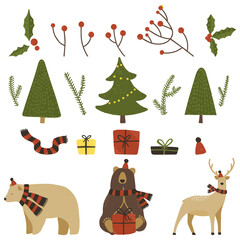 Vector set of Christmas elements. Bears, deer, branches, gifts.