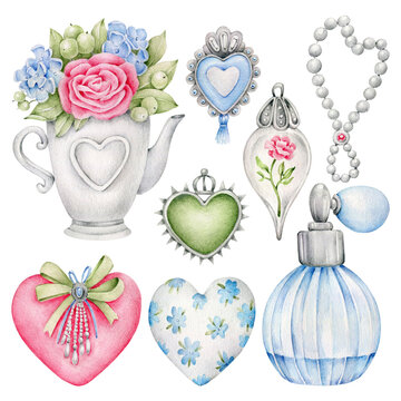 Watercolor set of flowers and hearts