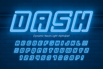 Dynamic neon light 3d alphabet, retro-futuristic origainal type.