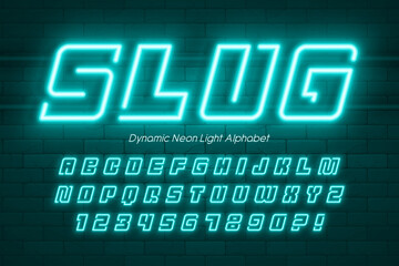 Fototapeta premium Dynamic neon light 3d alphabet, retro-futuristic origainal type.