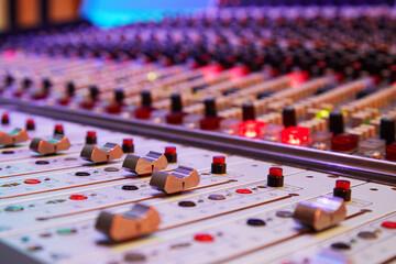 Sound recording studio mixing desk. Professional Equipment. Record.