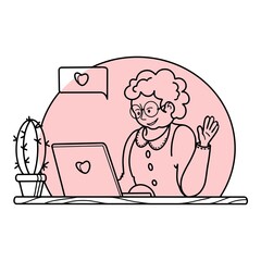 Vector illustration. Happy grandmother is sitting at home at the computer, grandmother communicates with relatives