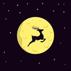 Flying deer. Deer logo. Christmas animal with moon and stars background. Vector illustration for logo business, mascot, icon, template, Christmas card