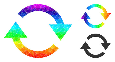 lowpoly refresh icon with spectrum colored. Spectrum colored polygonal refresh vector is constructed with scattered colorful triangles. Flat geometric polygonal symbol is created from refresh icon.