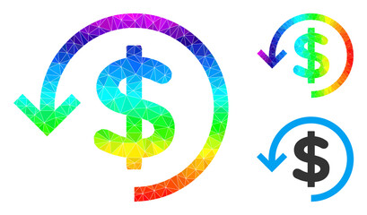 lowpoly refund icon with rainbow vibrant. Spectrum colorful polygonal refund vector designed of random colorful triangles. Flat geometric lowpoly abstraction designed by refund icon.