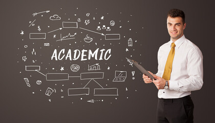 Businessman thinking with educational inscription