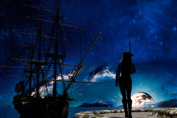 Pirate woman watching the pirate sail ship at moonlight © akarb