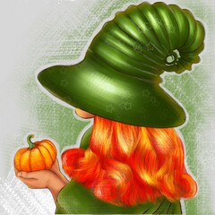 Witch in big green hat with red hair holding pumpkin, on textured white and green background.  Illustration for Halloween decorations, designers, scrapbooking, posters, cards, stickers, banners. 