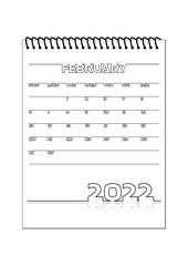 Set of 2022 Calendar: February. Black outline on white background. Vector illustration.