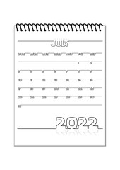Set of 2022 Calendar: July. Black outline on white background. Vector illustration.