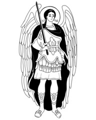 Fototapeta na wymiar Archangel Michael in armor with sword. Vector illustration. Outline decorative hand drawing. Religious concept for Catholic and Orthodox communities and holidays of Saint Michael Archangel