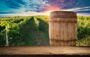 Fototapeta premium Red wine with barrel on vineyard in green Tuscany, Italy