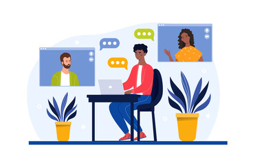 Video conference concept. Man sitting at laptop and discussing details of project with partners. Online meeting with employees or remote work. Work from home. Cartoon flat vector illustration