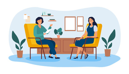Women talking to psychotherapist concept. Female character shares her mental problems and experiences with specialist. Therapy and improvement of emotional state. Cartoon flat vector illustration