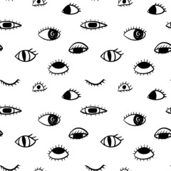Mystic eyes seamless pattern. Isolated on white vector illustration. Abstract doodle background.