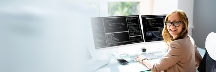Programmer Woman Coding On Computer - obrazy, fototapety, plakaty