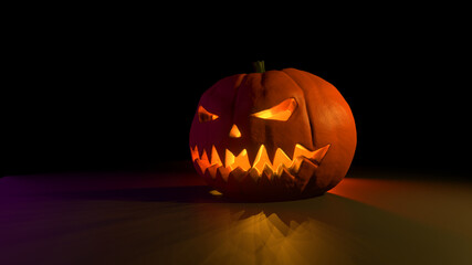 3D rendering of a scary glowing Halloween Pumpkin on dark background.