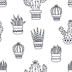 Seamless pattern with cacti and succulents