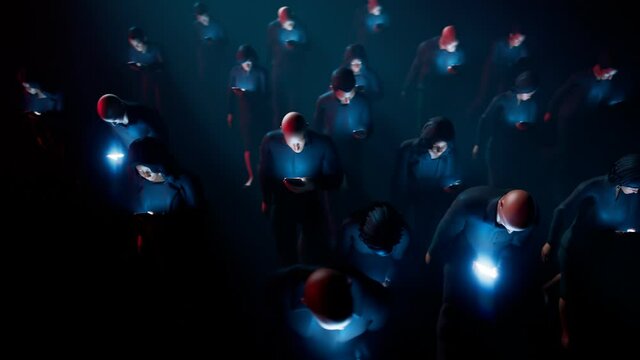 People hypnotized by their mobiles walk in the dark. Zombie walk.  Mind control
