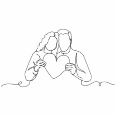 Vector continuous one single line drawing icon of people holding heart cuddling valentines day cocnept in silhouette on a white background. Linear stylized.