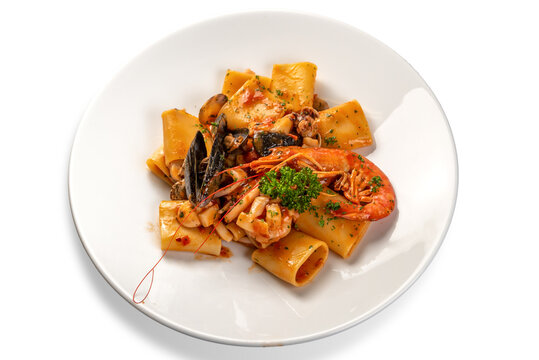 Paccheri pasta with seafood, typical italian pasta with tomato sauce, mussels, clams, squid and prawns in white plate with parsley isolated on white