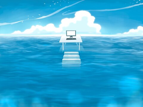 Computer place in the middle of Vast Ocean