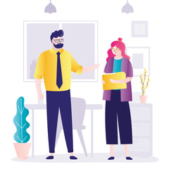 Two colleagues discussing job in office. Secretary approached boss about documents