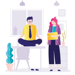 Businessman sits in lotus position on desktop. Manager approached boss during break